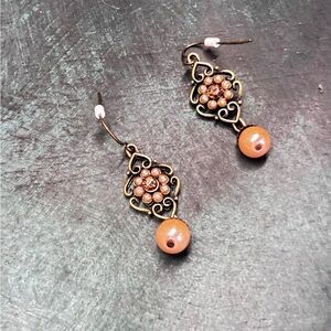 Elegant vintage bronze and Pink Dangle Earrings